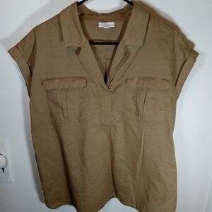 J. Jill Henley Top Women Medium Brown 100% Cotton Short Sleeve Safari Utility